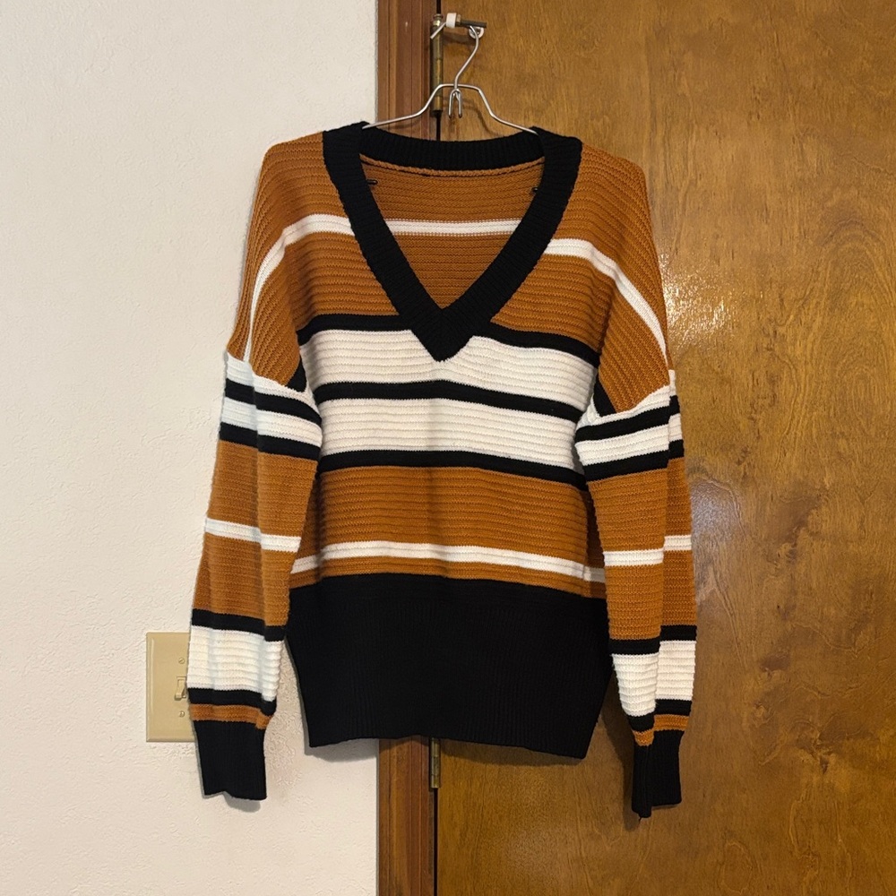 Striped V-Neck Sweater - Black, White, and Brown cropped